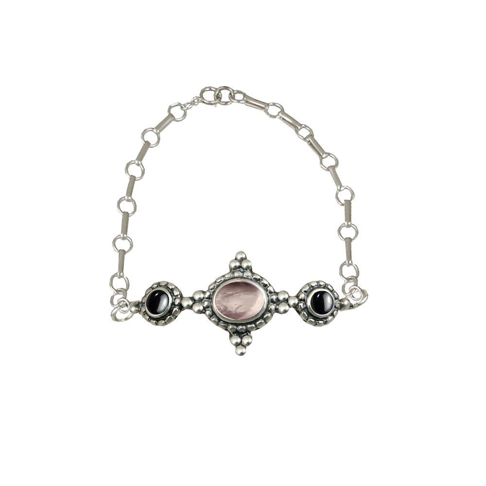 Sterling Silver Gemstone Adjustable Chain Bracelet With Rose Quartz And Hematite